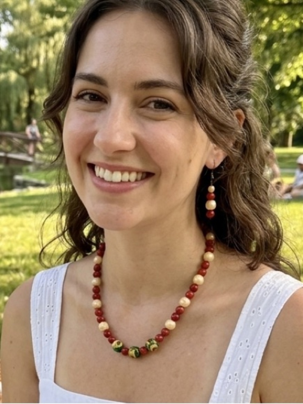 Handmade Red and Cream Beaded Necklace and Earrings Set